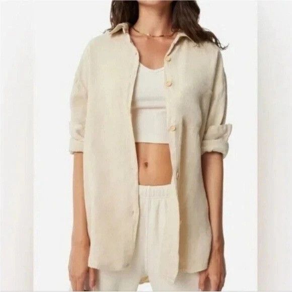 MATE The Label 100% Organic Cotton Gauze Button Down‎ Shirt NATURAL SZ XL NWT - Picture 4 of 10